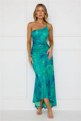 Fabulous Vibe One Shoulder Mesh Maxi Dress Green