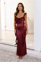 Romance High Satin Maxi Dress Wine