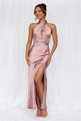 The Adeline Halter Satin Maxi Dress Dusty Pink