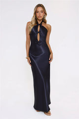 Sleek Halter Neck Cutout Satin Maxi Dress Navy