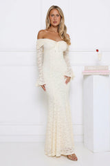 Laced Up Luxe Off Shoulder Maxi Dress Cream
