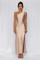 The Aurora One Shoulder Satin Maxi Dress Champagne