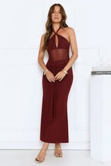 Luxe Darling Halter Mesh Maxi Dress Burgundy