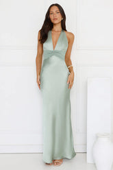 Spiced Sunset Satin Halter Maxi Dress Sage