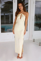 Admired From All Angles Satin Halter Maxi Dress Yellow