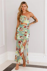 Reward Me One Shoulder Mesh Maxi Dress Green