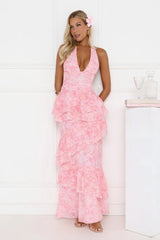 Tropical Bloom Halter Tiered Maxi Dress Pink