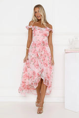 Whispering Blossoms Off Shoulder Maxi Dress Pink