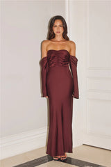 Elegant Chic Off Shoulder Long Sleeve Satin Maxi Dress Chocolate