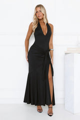 Sultry Halter Split Knit Maxi Dress Black