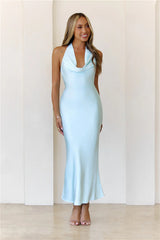Starlit Diva Halter Satin Maxi Dress Blue