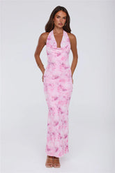 Power Vibe Halter Mesh Maxi Dress Pink
