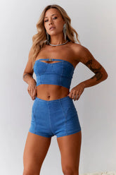 Cheeky Heart Mid Rise Denim Shorts Blue