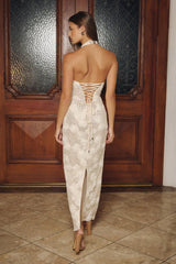 Petal Luxe Sequin Mesh Halter Maxi Dress Silver