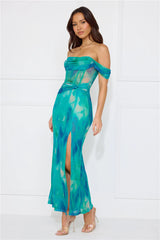 Timeless Grace Off Shoulder Mesh Maxi Dress Green