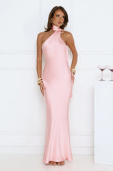 Cinnamon Glaze Halter Satin Maxi Dress Pink