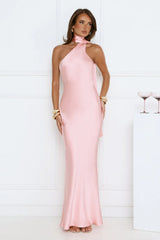 Cinnamon Glaze Halter Satin Maxi Dress Pink