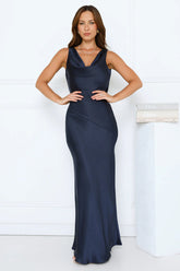 Seen For You Cowl Neck Satin Maxi Dress Dark Navy