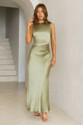 Crystal Shine Satin Maxi Dress Olive