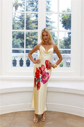 Rebellious Rose Halter Satin Maxi Dress Yellow