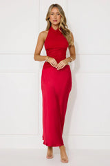 Popping Bottles Satin Mesh Halter Maxi Dress Red