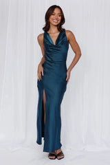 The Loretta Cowl Satin Maxi Dress Teal