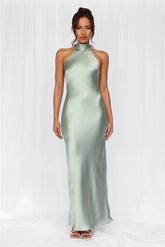 The Cleo Halter Satin Maxi Dress Sage