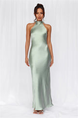 The Cleo Halter Satin Maxi Dress Sage