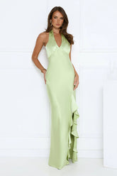 Satin Whirl Halter Maxi Dress Green