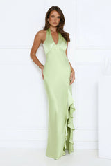 Satin Whirl Halter Maxi Dress Green