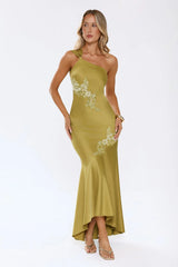 Jelly Glow One Shoulder Satin Maxi Dress Olive