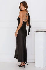 Romantic Tales Satin One Shoulder Maxi Dress Black