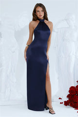 Effortless Luxe Halter Satin Maxi Dress Navy