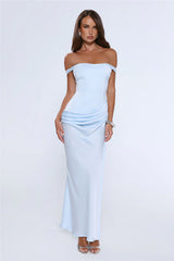 The After Party Off Shoulder Satin Maxi Dress Blue