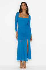 Grand Gesture Long Sleeve Mesh Maxi Dress Blue