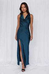 The Loretta Cowl Satin Maxi Dress Teal