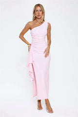 Chic One Shoulder Ruched Drape Maxi Dress Pink