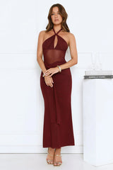 Luxe Darling Halter Mesh Maxi Dress Burgundy