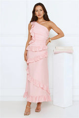 Moonlit Thoughts One Shoulder Maxi Dress Pink