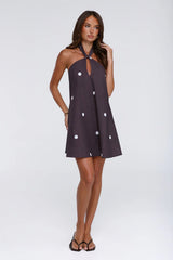 Starry Muse Polka Dot Halter Mini Dress Brown