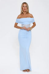 Delicate Glow Lace Off Shoulder Maxi Dress Blue