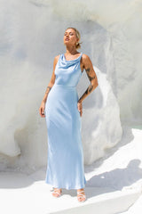 Moonlit Palms Satin Maxi Dress Blue