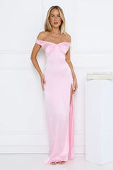 Spark Babe Off Shoulder Satin Maxi Dress Pink