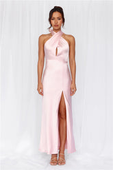 The Adeline Halter Satin Maxi Dress Pink