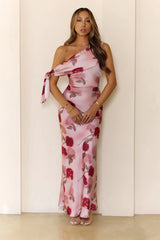 Romantic Rose Satin One Shoulder Maxi Dress Pink