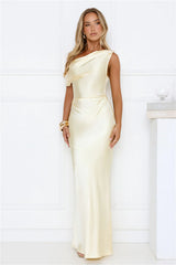 She’s A Dream Satin Off Shoulder Maxi Dress Yellow
