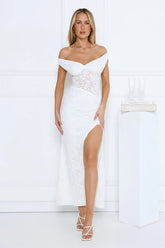 Ivory Veil Off Shoulder Lace Maxi Dress White