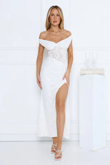 Ivory Veil Off Shoulder Lace Maxi Dress White