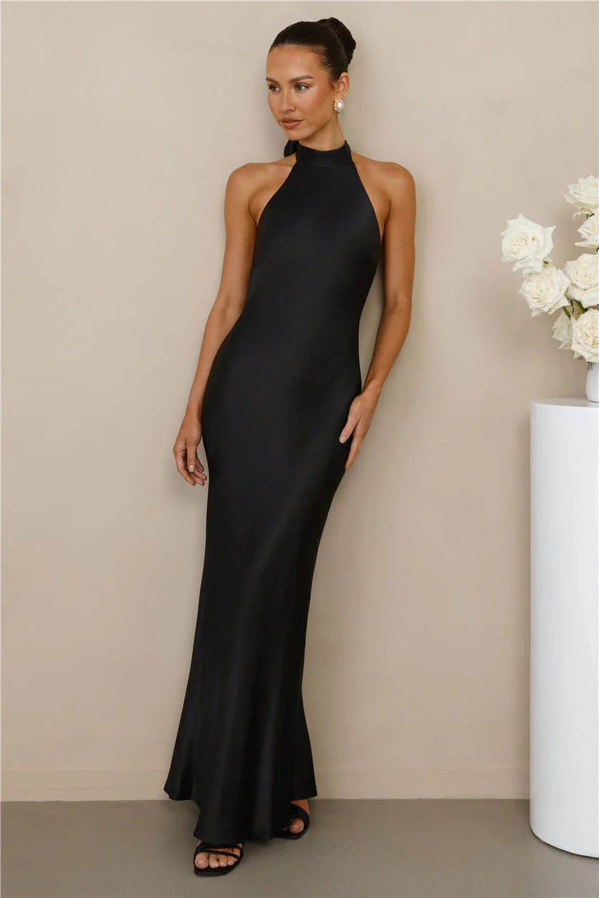 The Cleo Halter Satin Maxi Dress Black