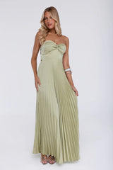 Sassy Sunshine Satin Pleated Strapless Maxi Dress Green